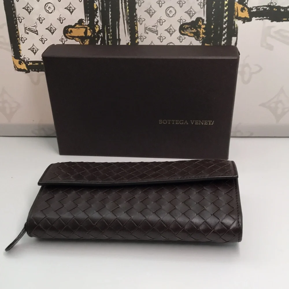 New Bottega Veneta Leather Wristlet Checkbook Wallet – Brown/Black